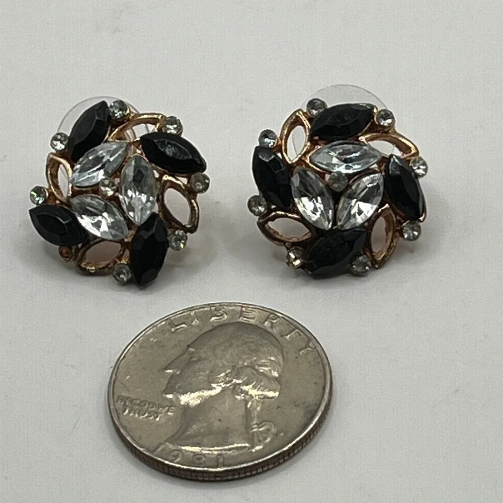 Vintage Rhinestone Pierced Earrings Black‎ Blue Clear Stones Copper Tone